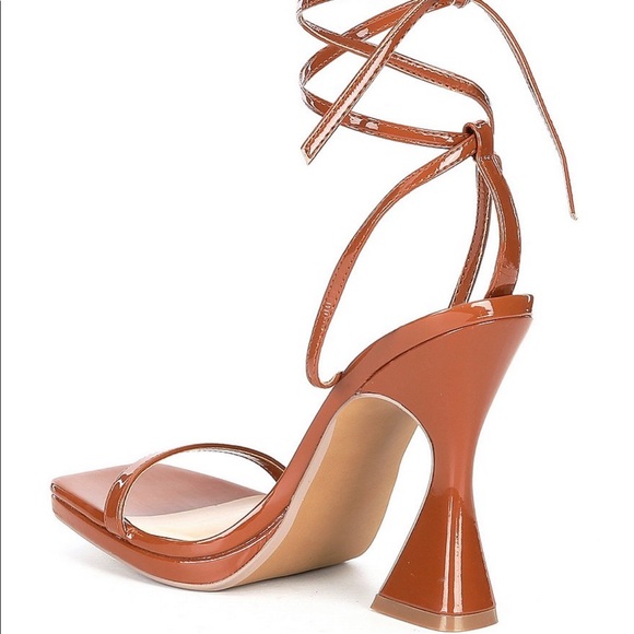 Lafayette Square Toe Patent Ankle Wrap Sculptural Heel Dress Sandals in Cognac - Picture 4 of 7